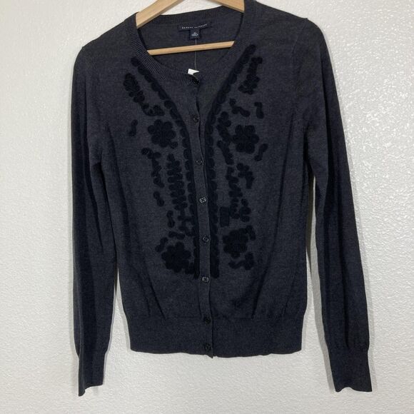 Banana Republic Sweater Womens Medium Gray Silk Blend Applique Cardigan Floral - Picture 3 of 15